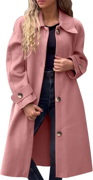 Women's Wool Blend Lapel Collar Double Breasted Coats Winter Pea Overcoat Pocketed Outwear