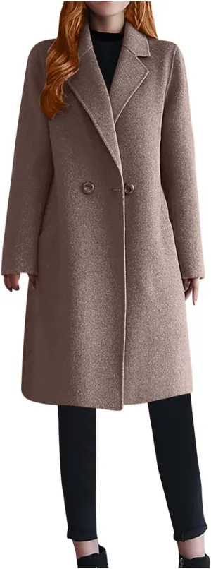 Womens Wool Blend Pea Coat Notched Collar Double Breasted Long Trench Coat Wool Blend Long Mid Pea Overcoat Warm 2024