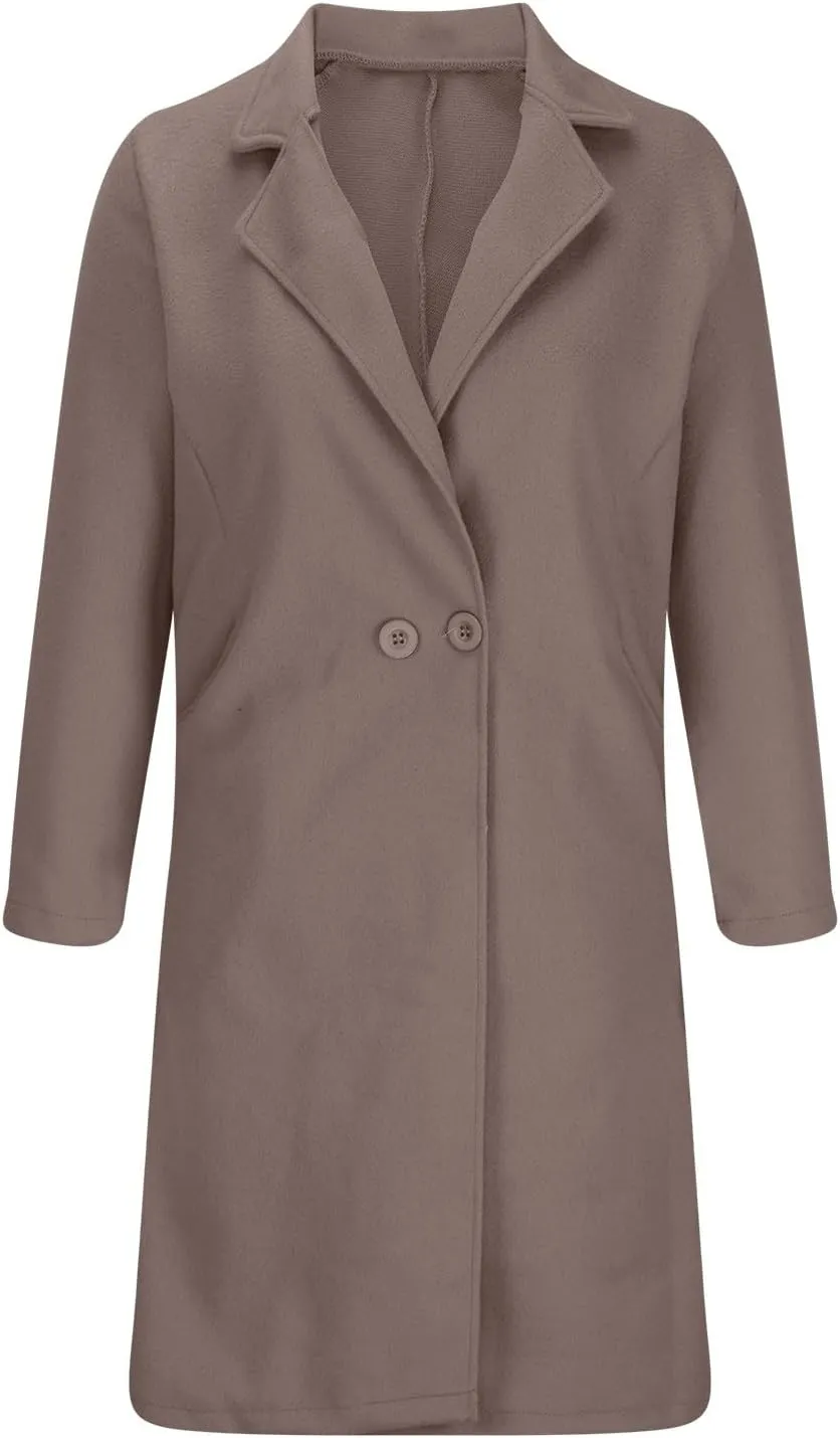 Womens Wool Blend Pea Coat Notched Collar Double Breasted Long Trench Coat Wool Blend Long Mid Pea Overcoat Warm 2024