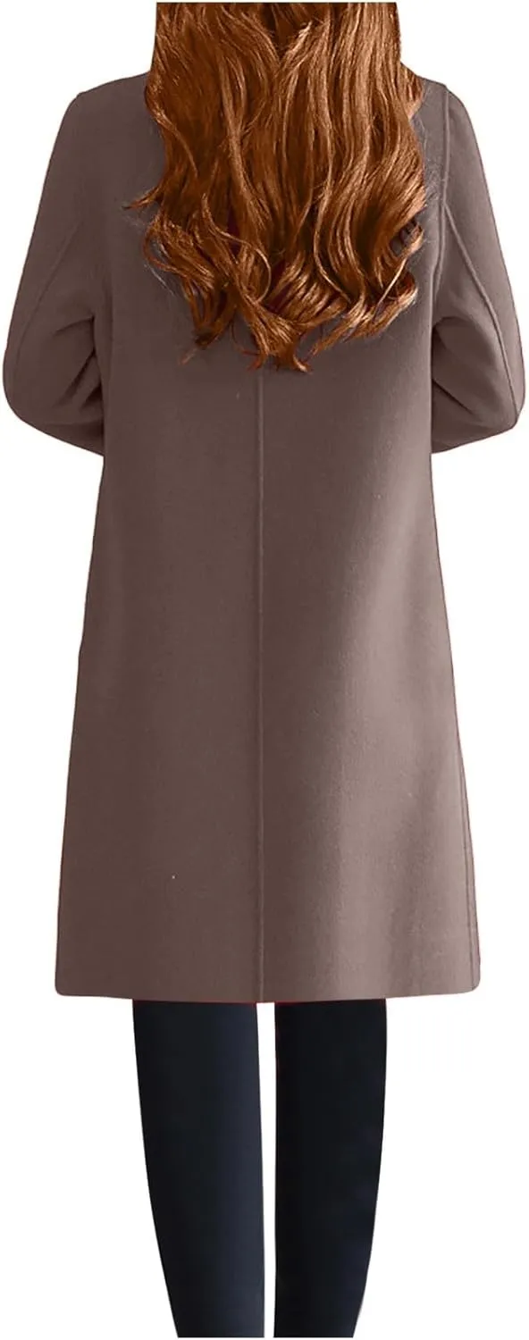 Womens Wool Blend Pea Coat Notched Collar Double Breasted Long Trench Coat Wool Blend Long Mid Pea Overcoat Warm 2024