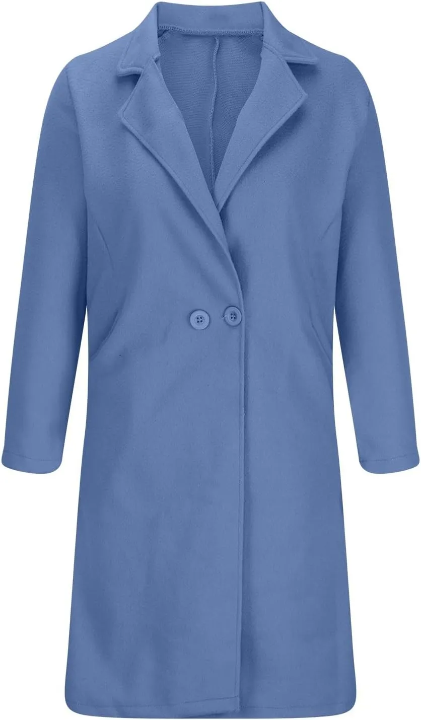 Womens Wool Blend Pea Coat Notched Collar Double Breasted Long Trench Coat Wool Blend Long Mid Pea Overcoat Warm 2024