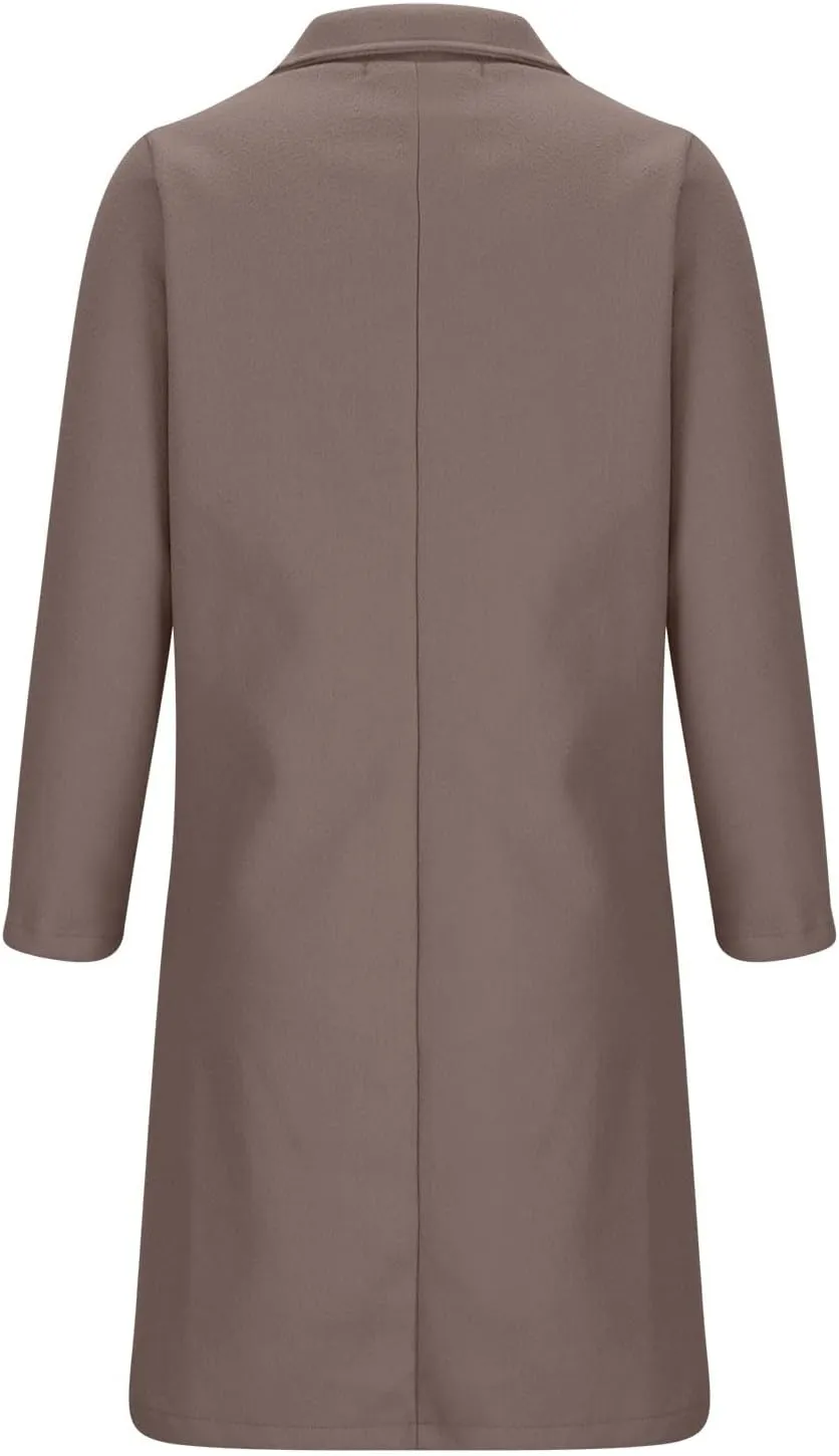 Womens Wool Blend Pea Coat Notched Collar Double Breasted Long Trench Coat Wool Blend Long Mid Pea Overcoat Warm 2024
