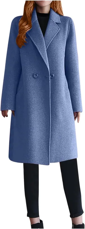 Womens Wool Blend Pea Coat Notched Collar Double Breasted Long Trench Coat Wool Blend Long Mid Pea Overcoat Warm 2024
