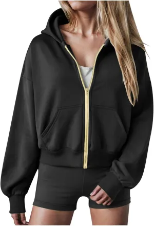 Womens Zip Up Hoodies Cropped Long Sleeve Sweatshirt Fleece Y2k Hooded Jacket 2024 Trendy Fall Winter Clothes