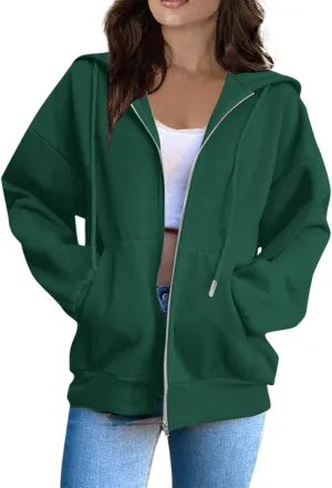 Womens Zip Up Hoodies Lightweight Fleece Jacket Oversized Hooded Sweatshirt Casual Drawstring Fall Clothes w/Pockets