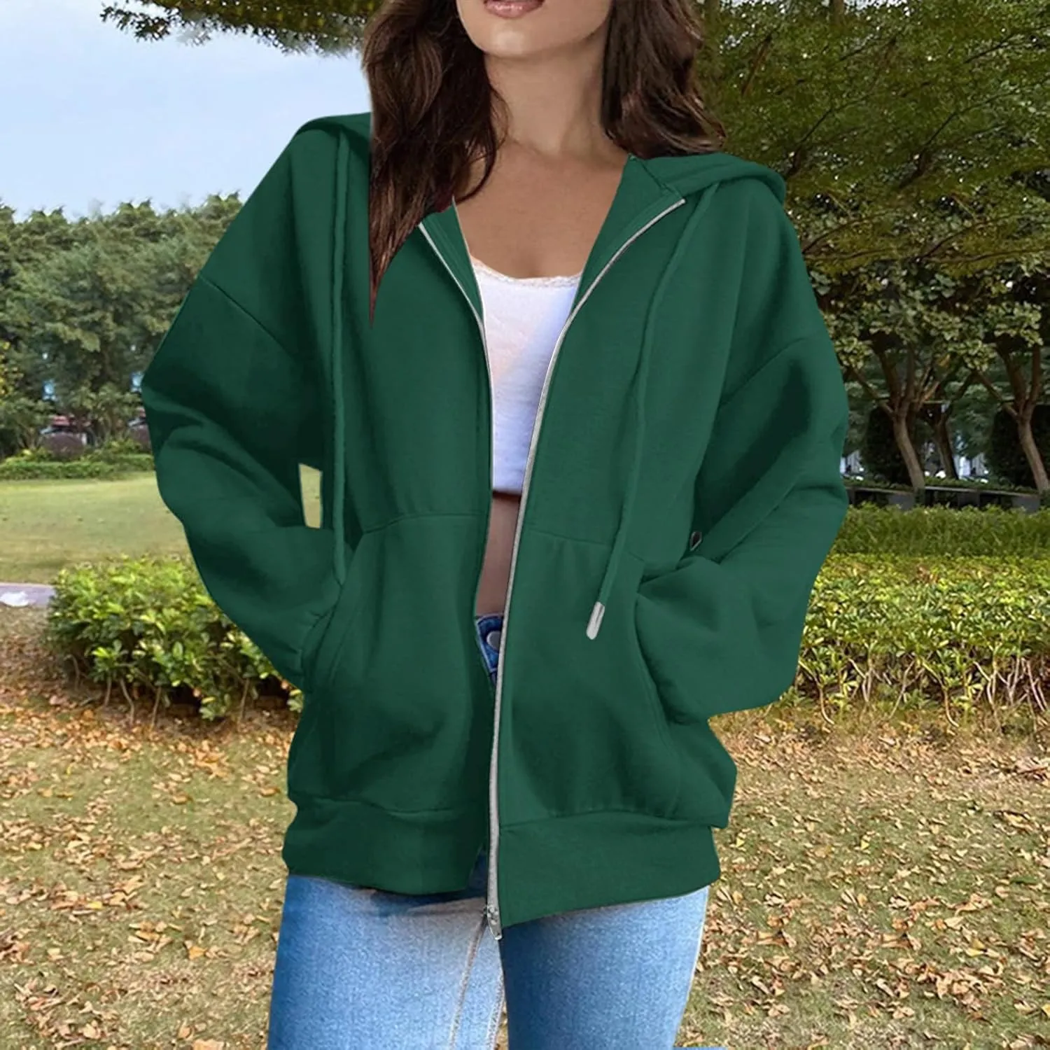 Womens Zip Up Hoodies Lightweight Fleece Jacket Oversized Hooded Sweatshirt Casual Drawstring Fall Clothes w/Pockets
