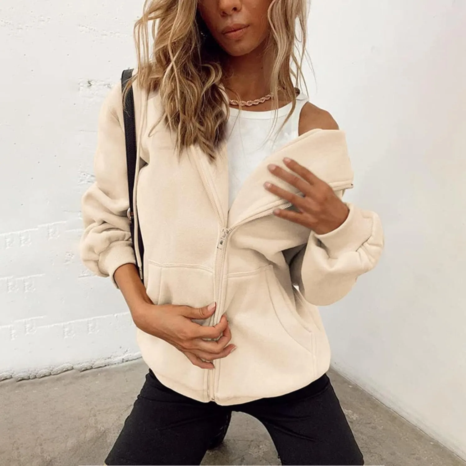 Womens Zip Up Hoodies Long Sleeve Oversized Sweatshirts Jacket with Pockets 2024 Fall Outfits Fashion Y2K Clothes