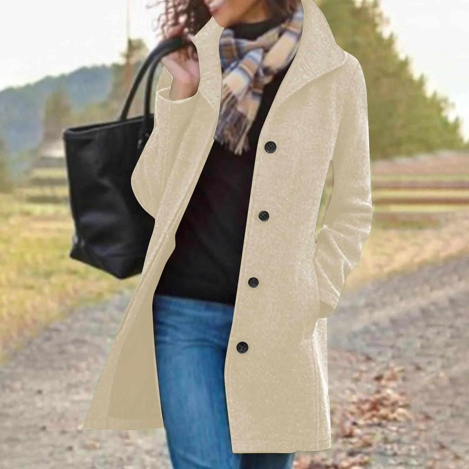 Wool Blend Coat for Women 2024 Single Breasted Peacoat Plus Size Trench Coats Tops Long Winter Cardigan with Pockets