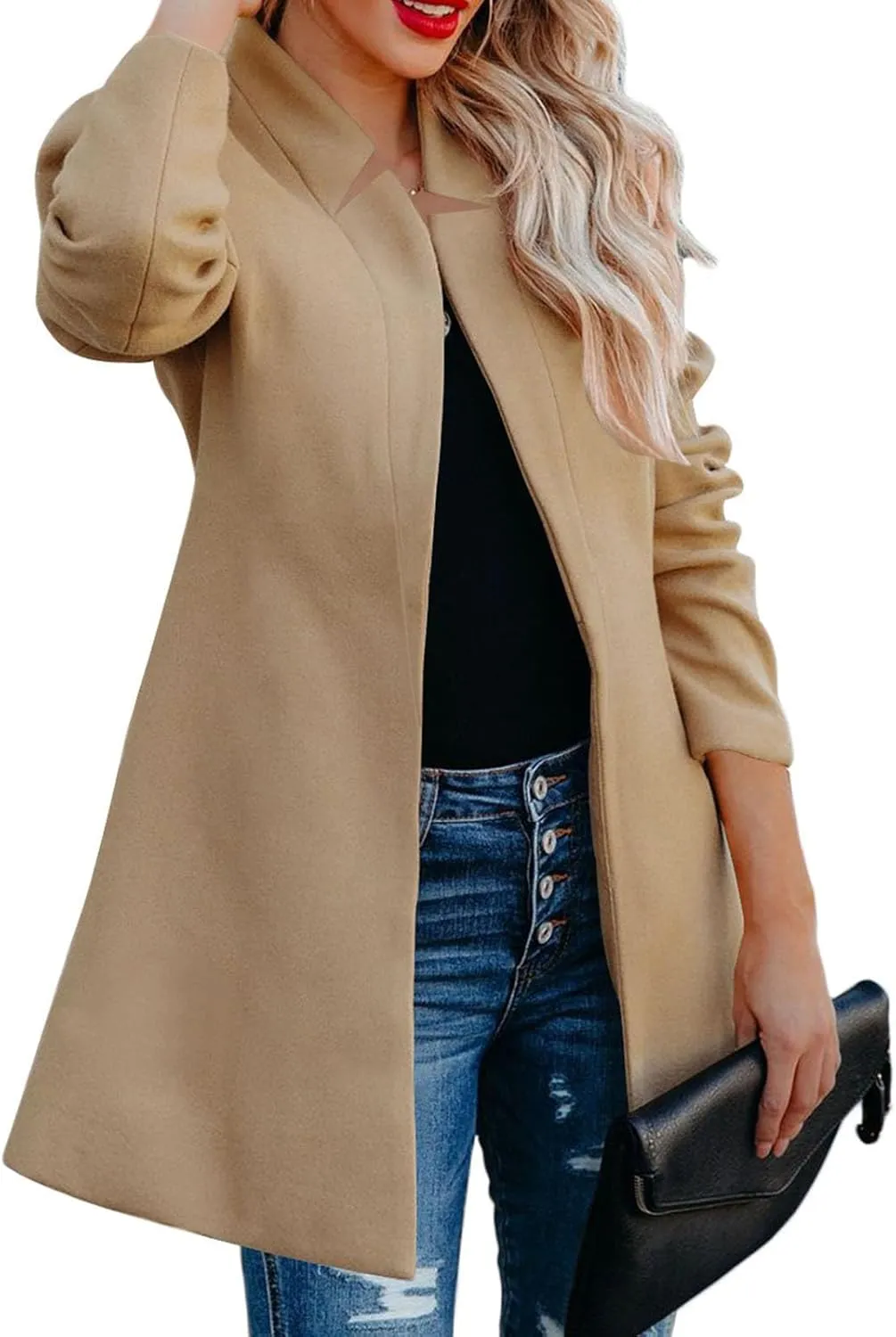Wool Coats for Women Casual Notch Lapel Open Front Cardigan Outwear Mid Length Solid Color Pea Trench Coat 2023