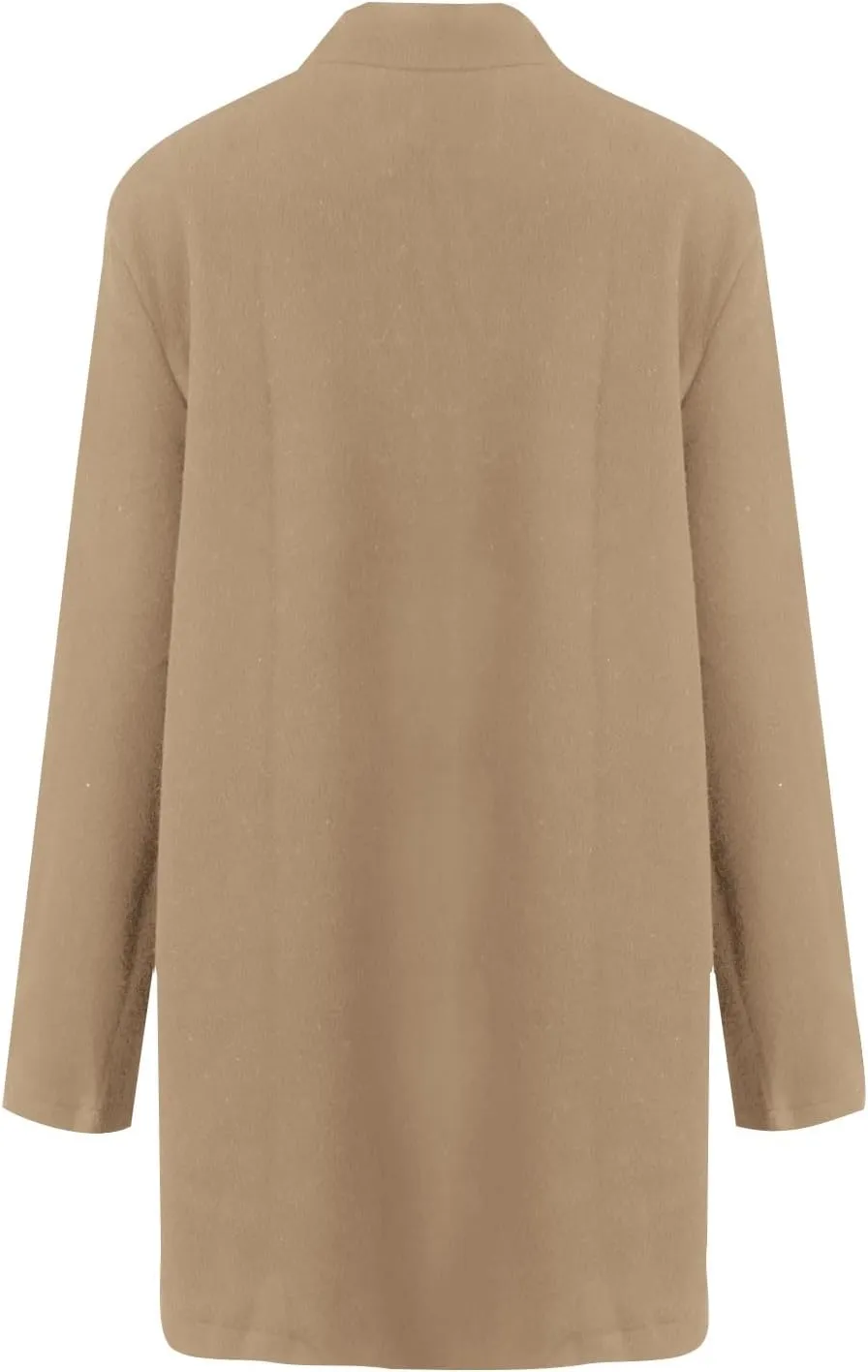 Wool Coats for Women Casual Notch Lapel Open Front Cardigan Outwear Mid Length Solid Color Pea Trench Coat 2023