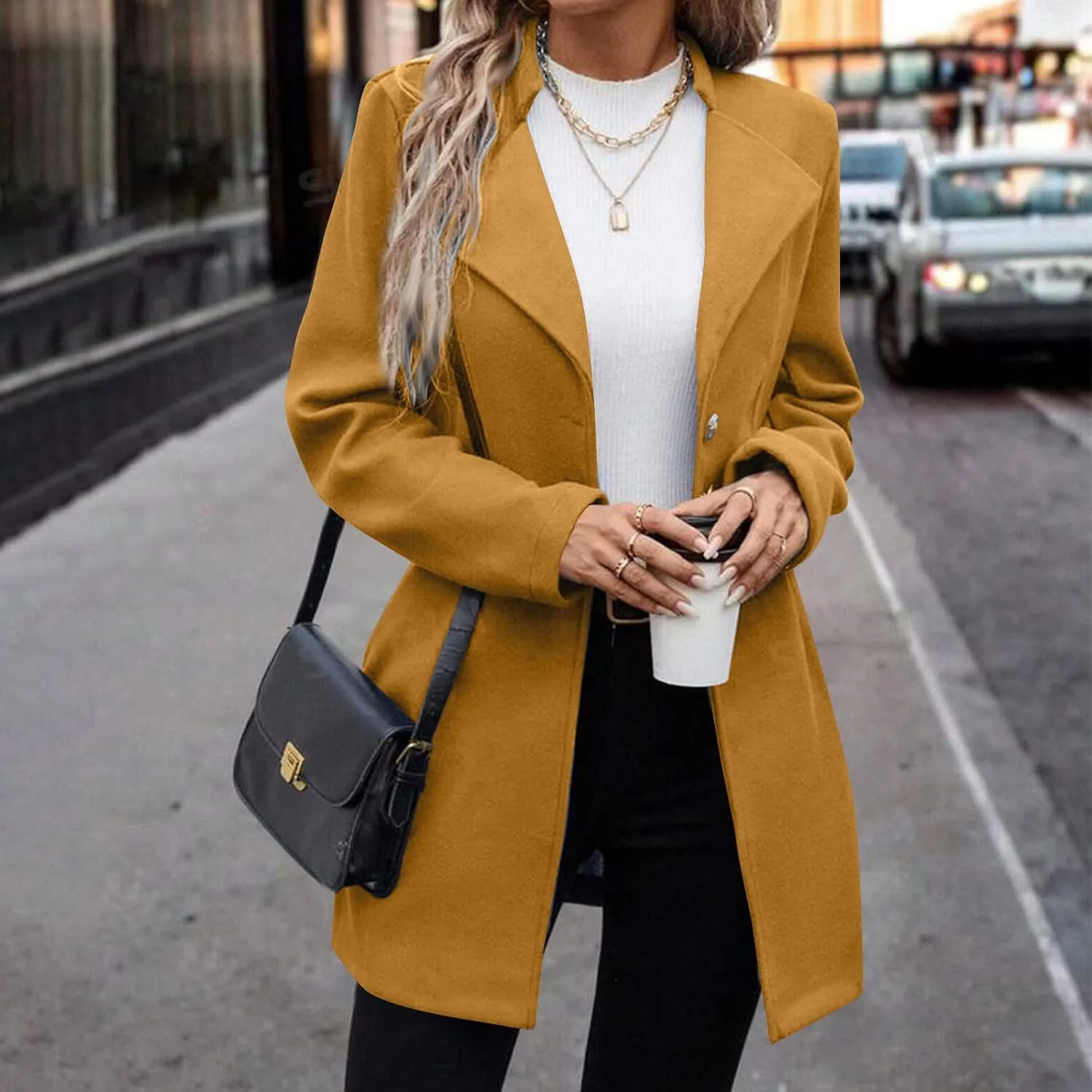 Wool Coats for Women Notched Lapel Collar Peacoat Fall Winter Elegant Outerwear Overcoat Trendy Woolen Trench Coat
