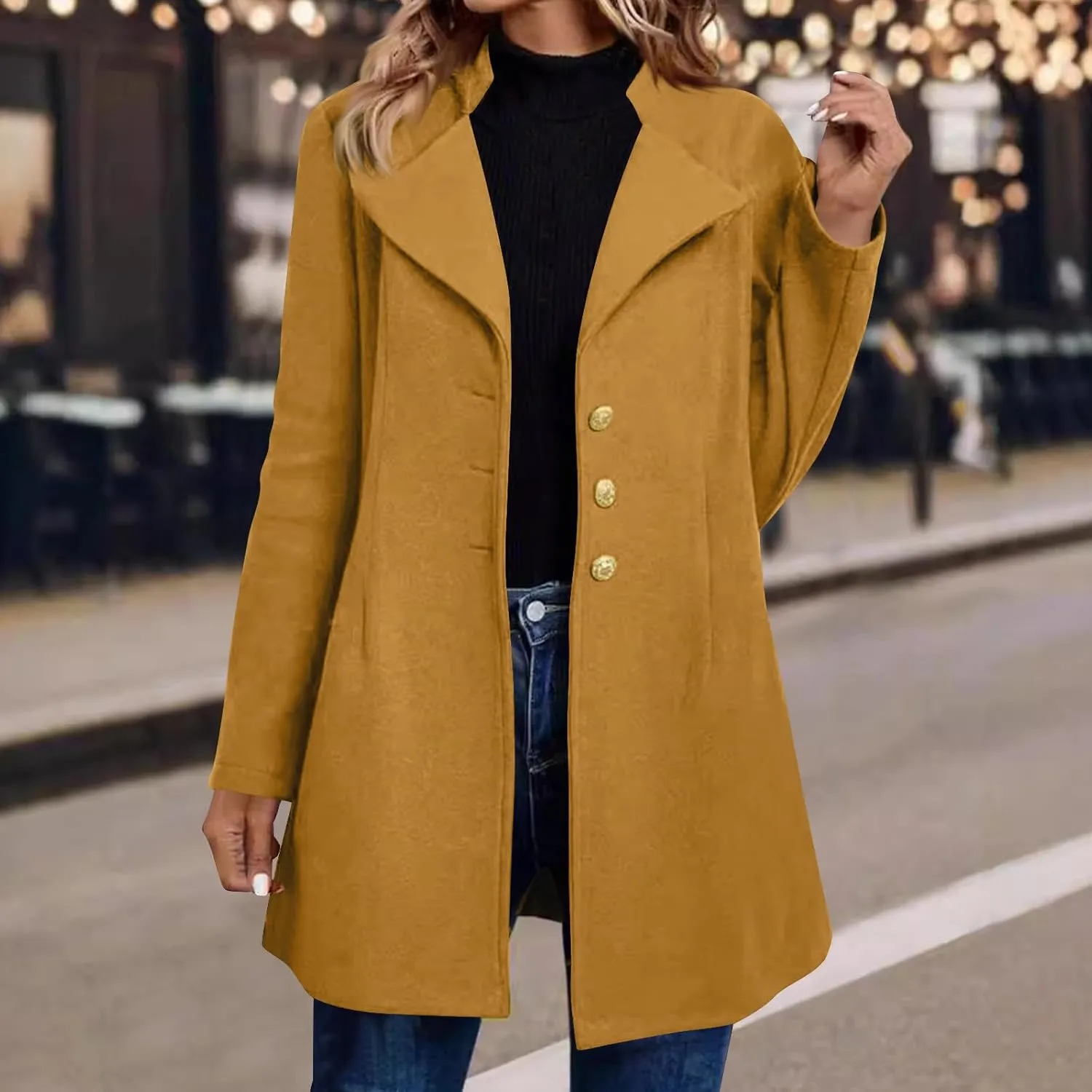 Wool Coats for Women Notched Lapel Collar Peacoat Fall Winter Elegant Outerwear Overcoat Trendy Woolen Trench Coat