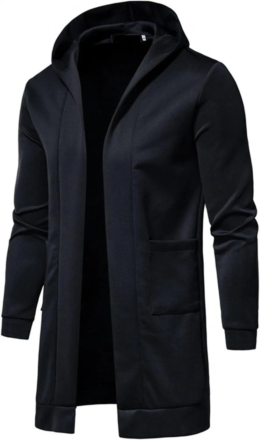 WUAI-Men Casual Kimono Cardigan Jacket Open Front Draped Lightweight Longline Hooded Cardigans Sweater Coat with Pockets