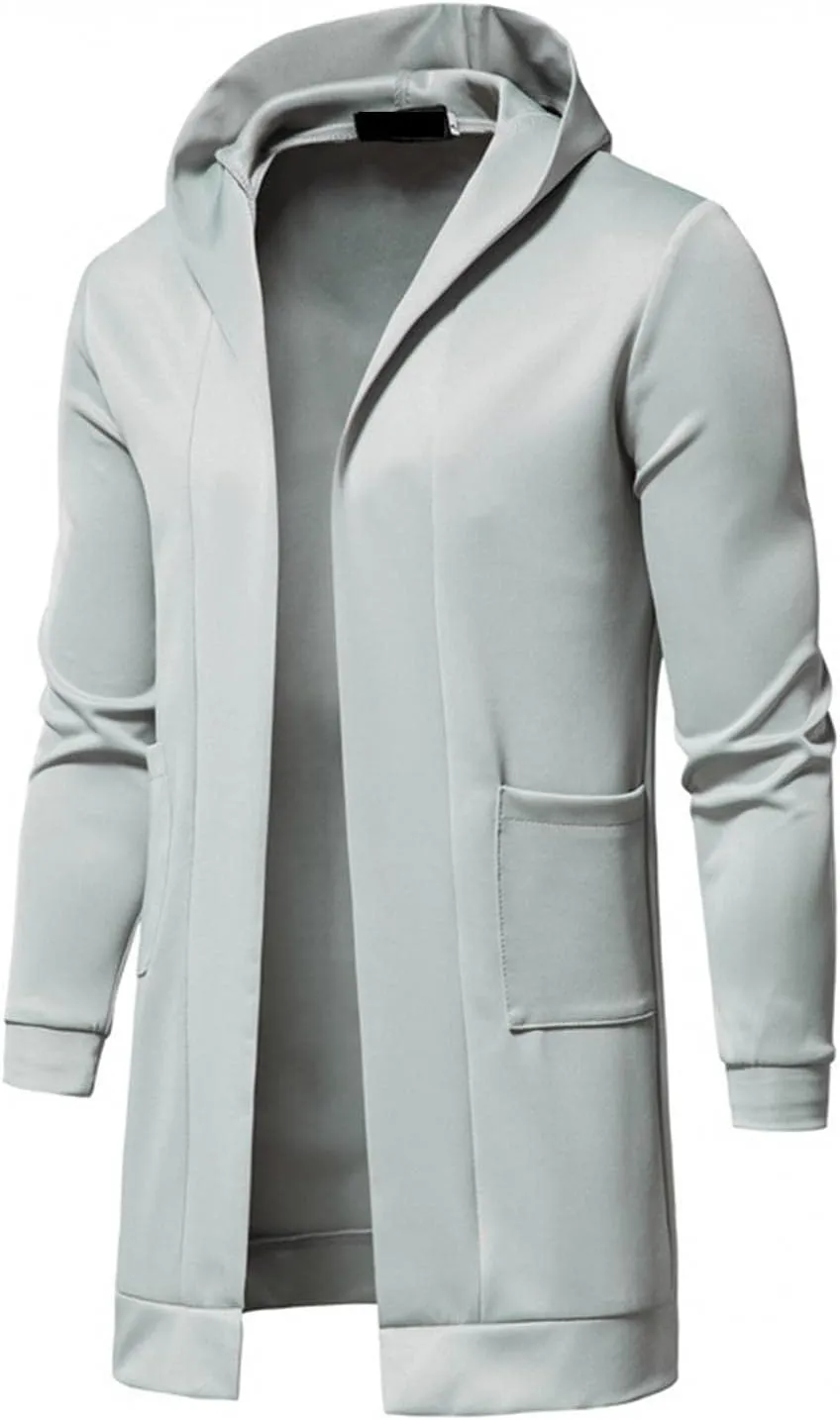 WUAI-Men Casual Kimono Cardigan Jacket Open Front Draped Lightweight Longline Hooded Cardigans Sweater Coat with Pockets