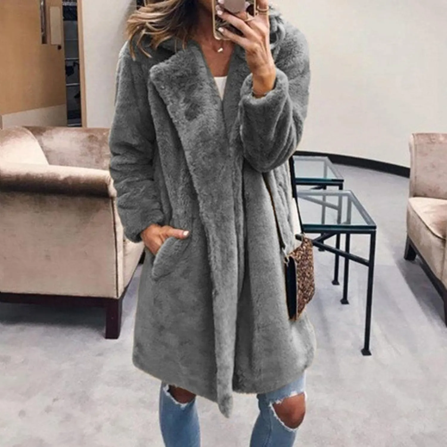 WUAI-Women Winter Coat for Women, Fuzzy Fleece Longline Trenchcoat Lapel Long Cardigans Faux Fur Casual Outwear Jackets