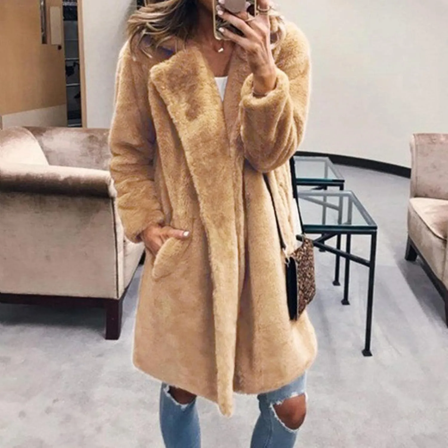 WUAI-Women Winter Coat for Women, Fuzzy Fleece Longline Trenchcoat Lapel Long Cardigans Faux Fur Casual Outwear Jackets