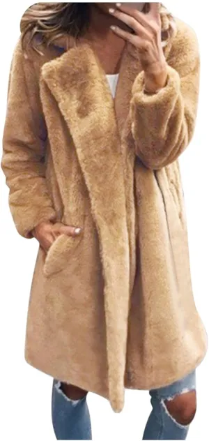 WUAI-Women Winter Coat for Women, Fuzzy Fleece Longline Trenchcoat Lapel Long Cardigans Faux Fur Casual Outwear Jackets
