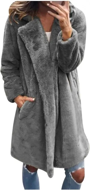WUAI-Women Winter Coat for Women, Fuzzy Fleece Longline Trenchcoat Lapel Long Cardigans Faux Fur Casual Outwear Jackets