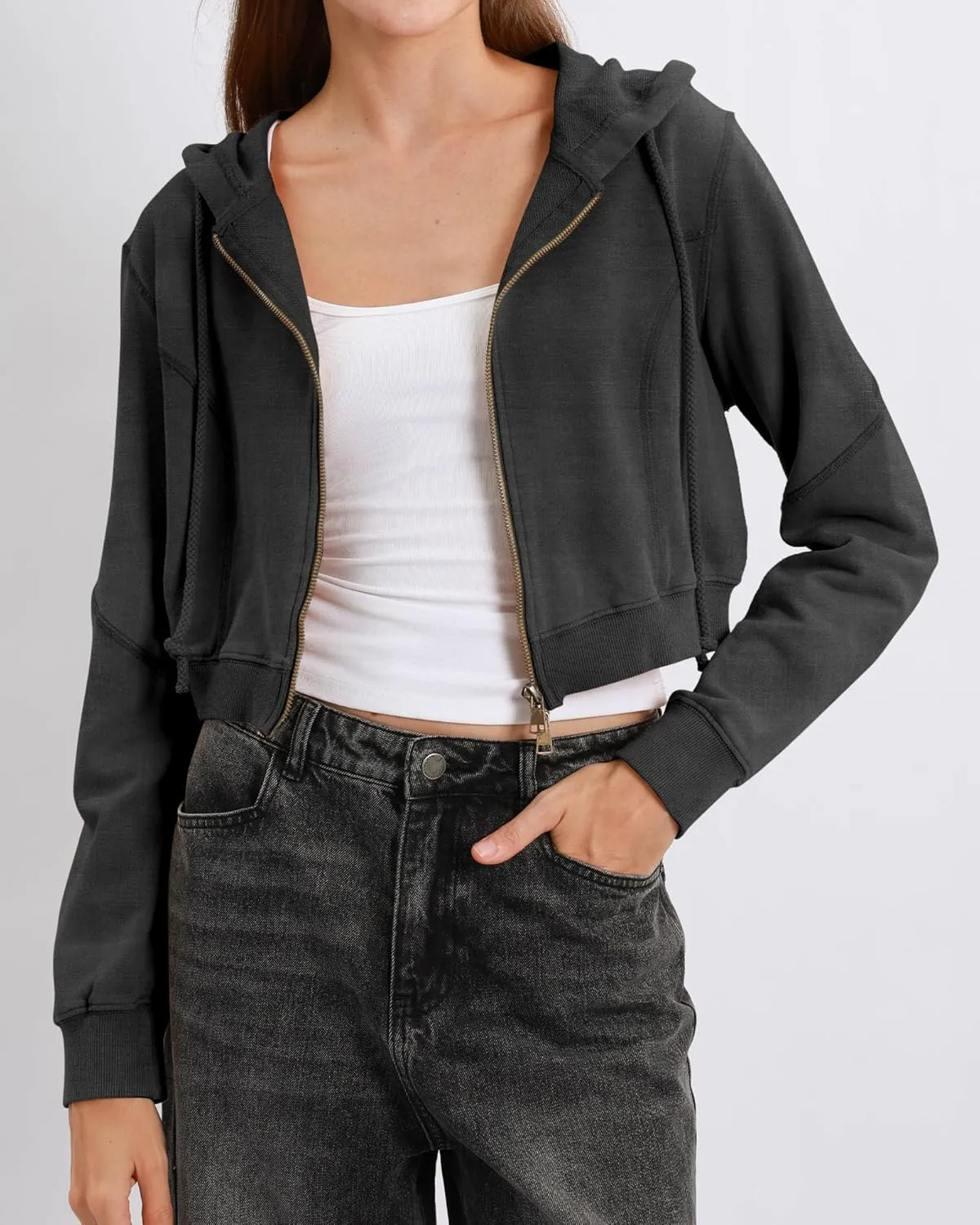 Xintianji Women Vintage Retro Crop Hoodie - Lightweight Long Sleeve Zip Up Pullover Sweatshirts