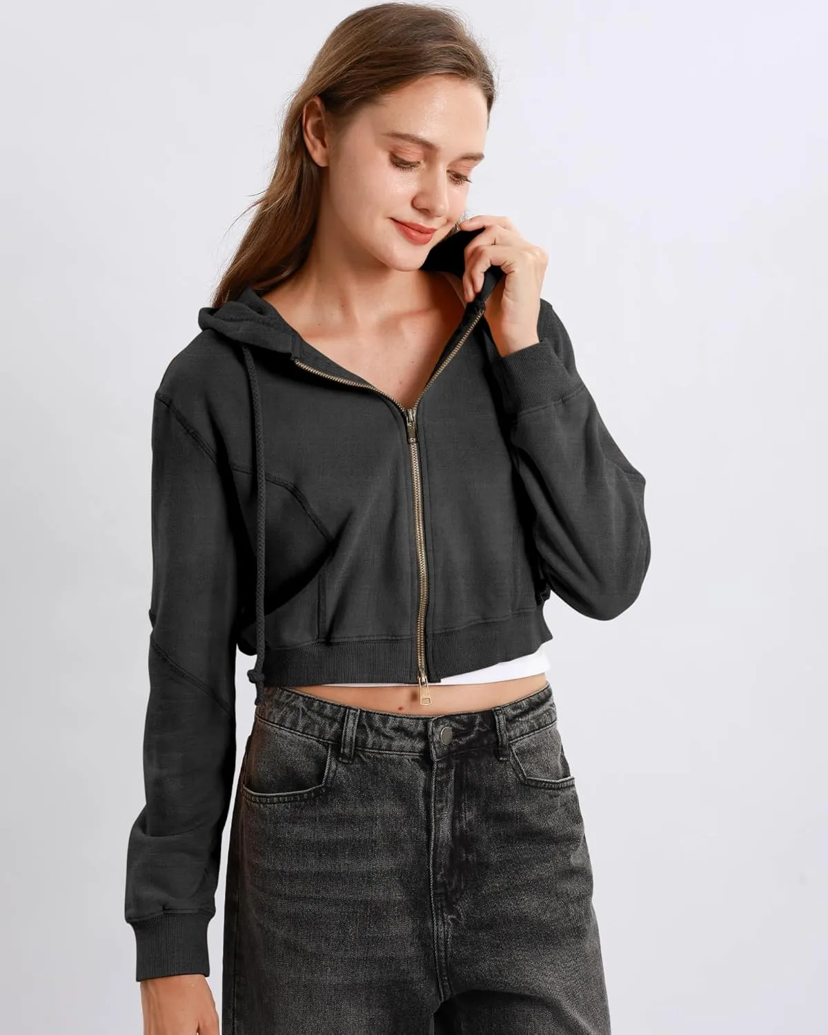Xintianji Women Vintage Retro Crop Hoodie - Lightweight Long Sleeve Zip Up Pullover Sweatshirts