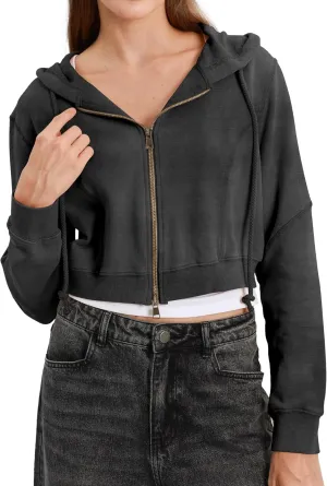 Xintianji Women Vintage Retro Crop Hoodie - Lightweight Long Sleeve Zip Up Pullover Sweatshirts