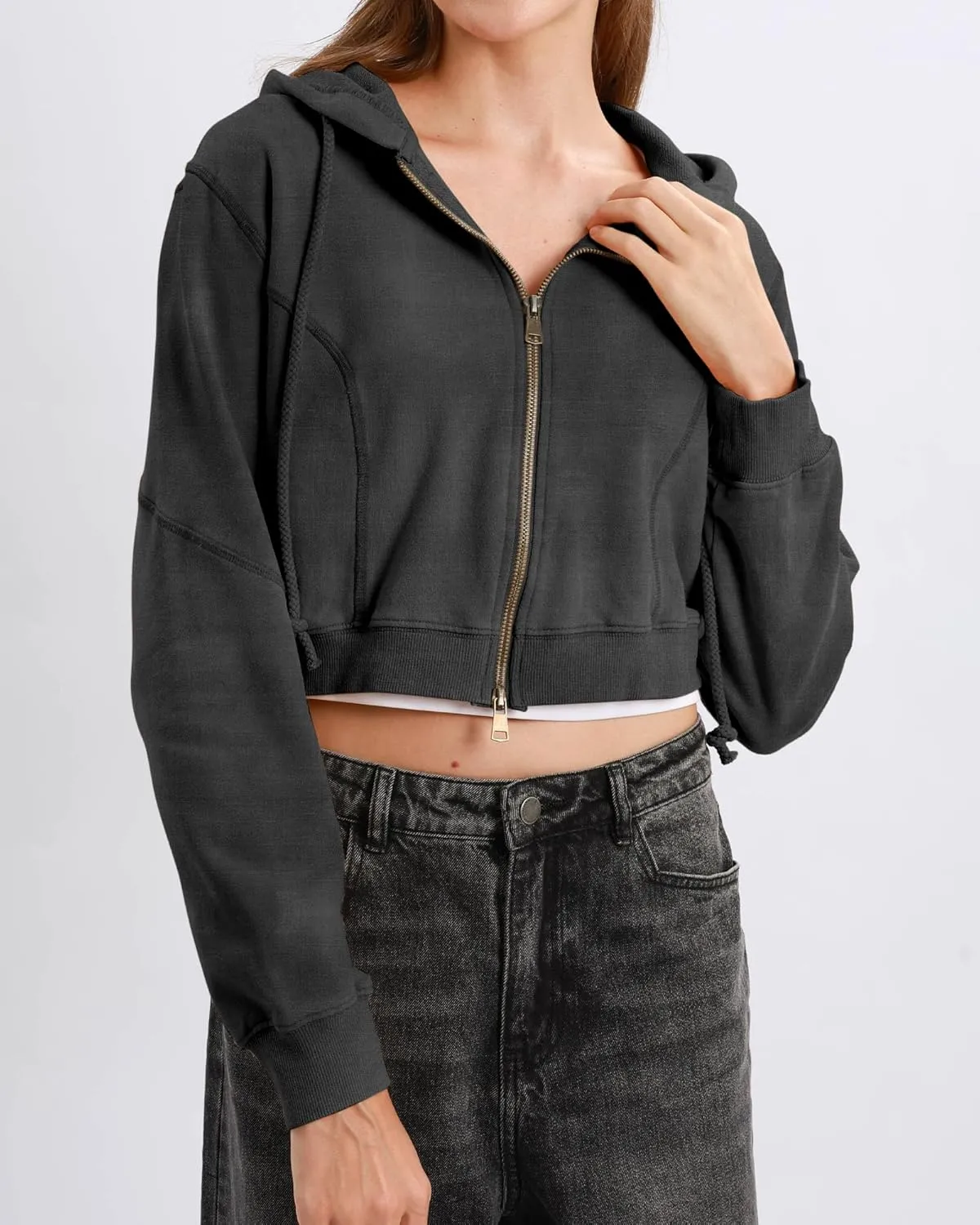 Xintianji Women Vintage Retro Crop Hoodie - Lightweight Long Sleeve Zip Up Pullover Sweatshirts