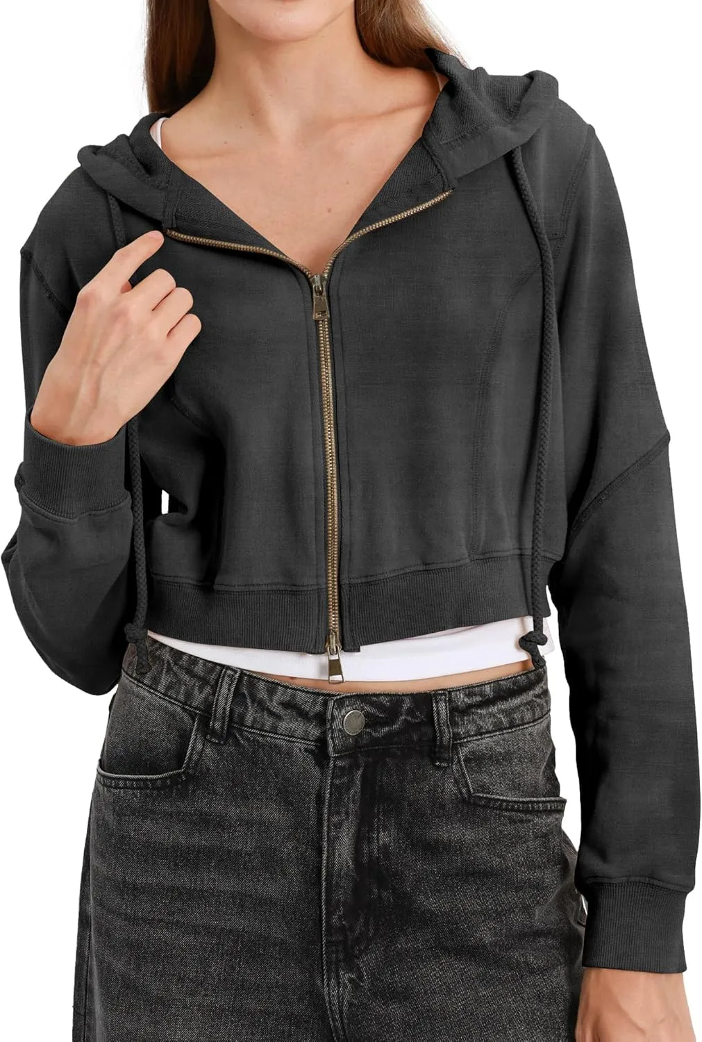 Xintianji Women Vintage Retro Crop Hoodie - Lightweight Long Sleeve Zip Up Pullover Sweatshirts