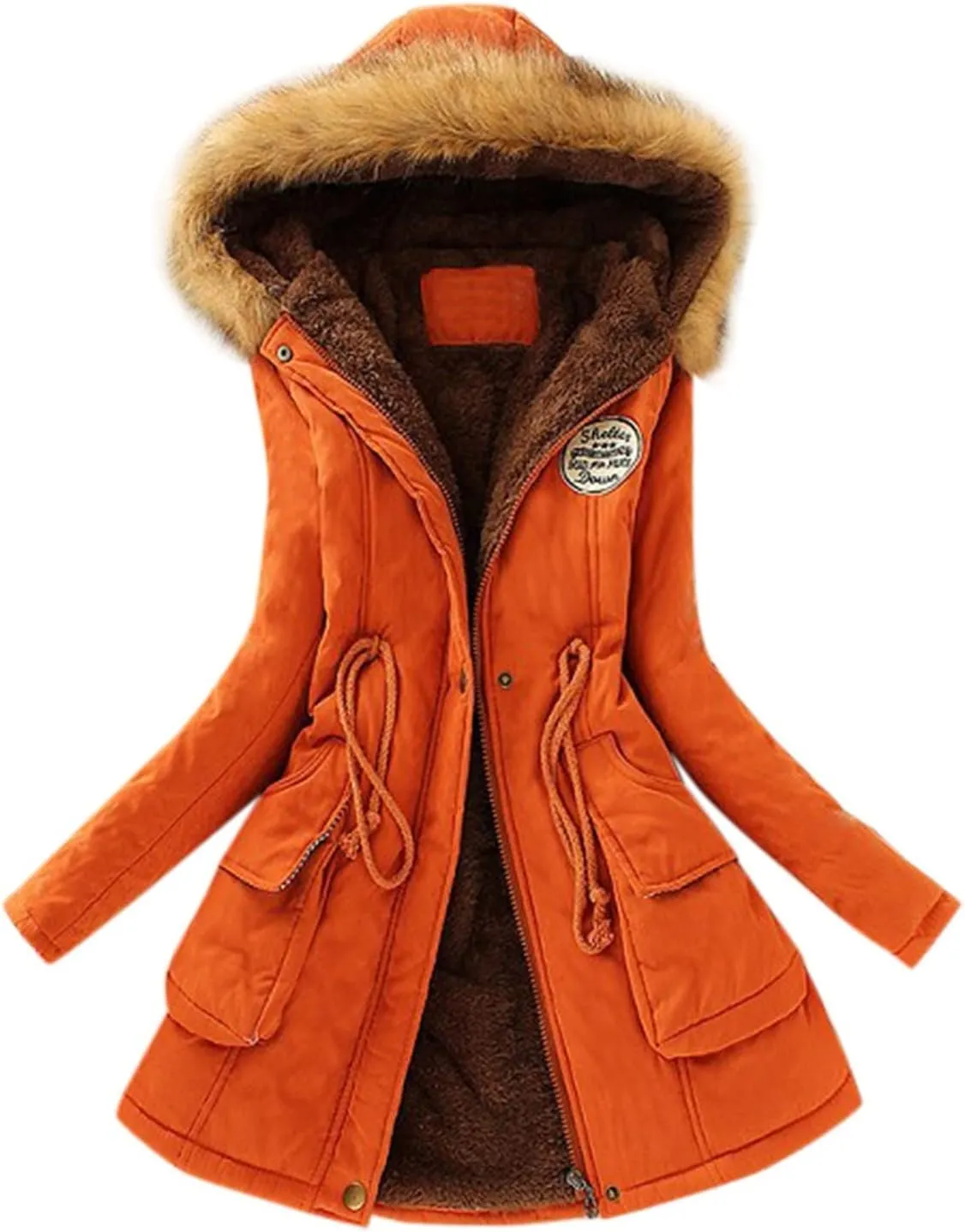 XUETON Winter Coats for Women Zip Up Hooded Warm Thicken Fleece Lined Parkas Military Safari Utility Anorak Jackets Outwear(Orange,Medium)
