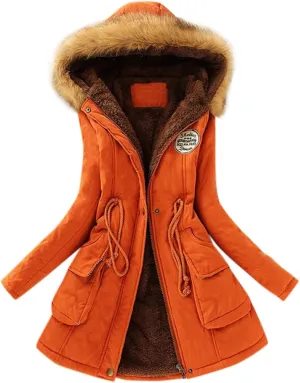 XUETON Winter Coats for Women Zip Up Hooded Warm Thicken Fleece Lined Parkas Military Safari Utility Anorak Jackets Outwear(Orange,Medium)