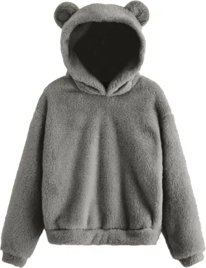 YMING Women's Bear Fuzzy Hoodies Oversized Cozy Pullover Fleece Hooded Sweatshirt Plus Size