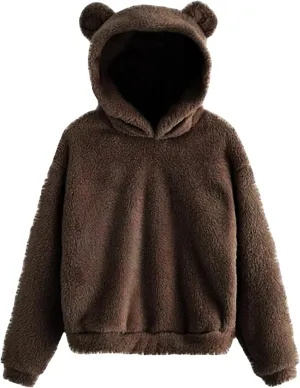 YMING Women's Bear Fuzzy Hoodies Oversized Cozy Pullover Fleece Hooded Sweatshirt Plus Size