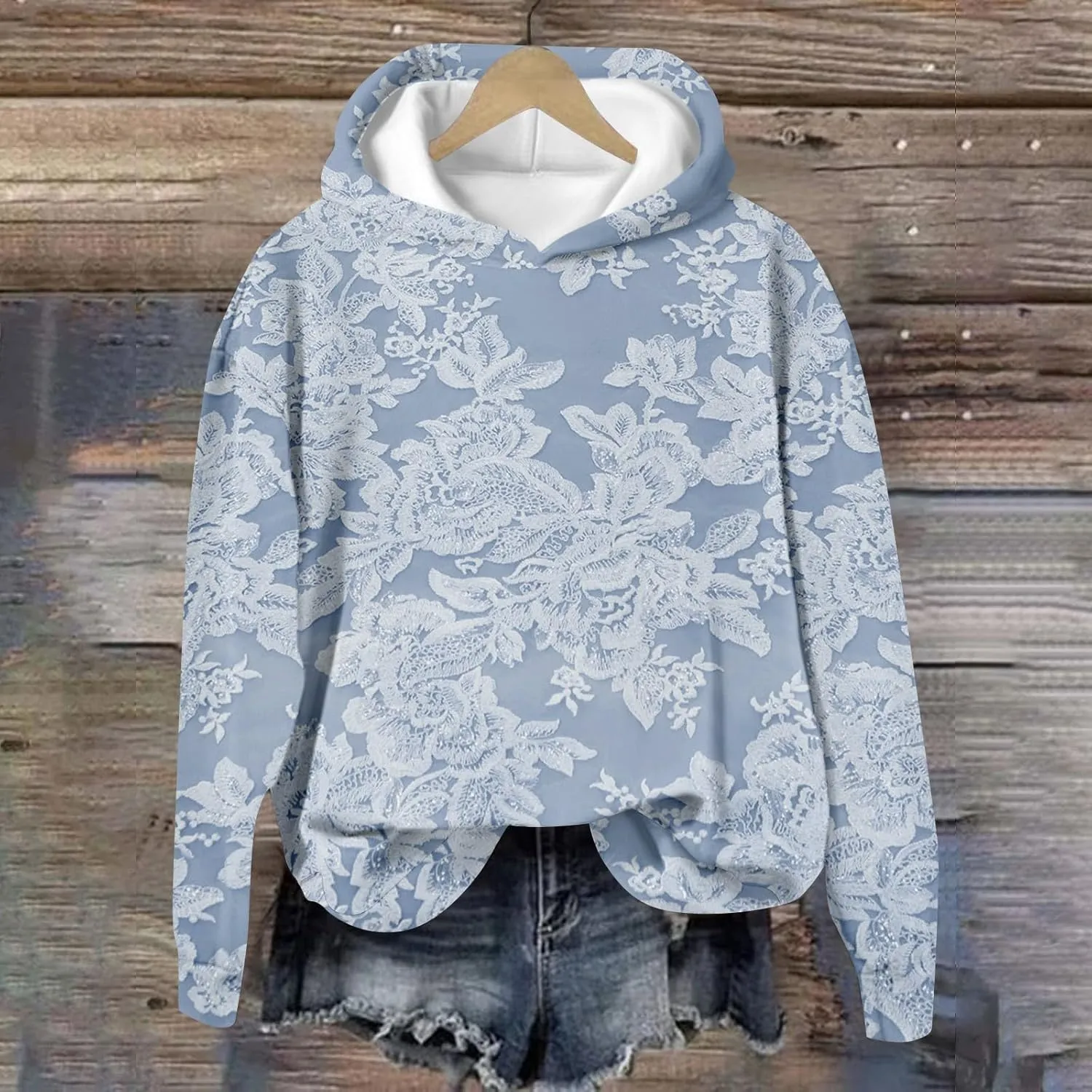 ZEFOTIM 3D Floral Layered Hoodies Womens Sherpa Lined Hoodie Cozy 2024 Pullover Lightweight Long Sleeve Sweatshirts
