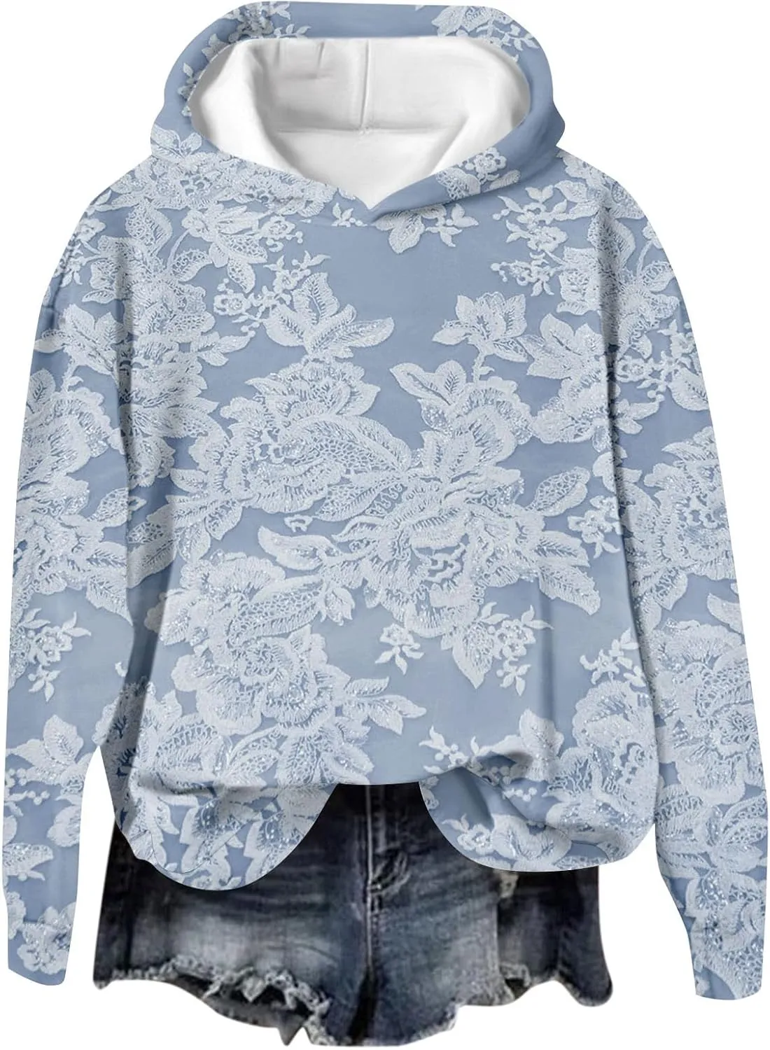 ZEFOTIM 3D Floral Layered Hoodies Womens Sherpa Lined Hoodie Cozy 2024 Pullover Lightweight Long Sleeve Sweatshirts