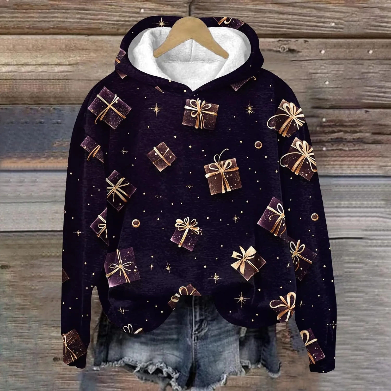 ZEFOTIM Sherpa Lined Hoodies for Women Cute Party Pullover Cozy Pullovers Lightweight Holiday Long Sleeve Sweatshirt