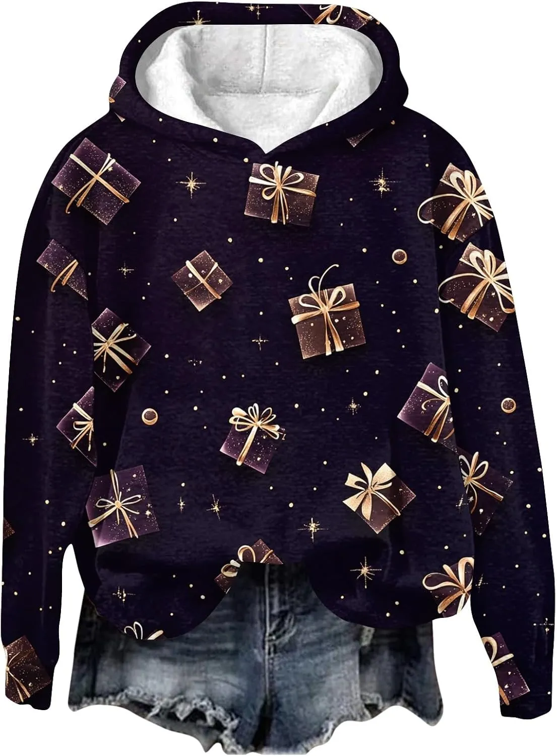 ZEFOTIM Sherpa Lined Hoodies for Women Cute Party Pullover Cozy Pullovers Lightweight Holiday Long Sleeve Sweatshirt