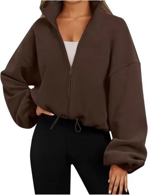 Zip Up Hoodie Women Oversized Sweatshirt Fleece Cropped Jacket Trendy Fleece Jacket Fashion Clothes 2024