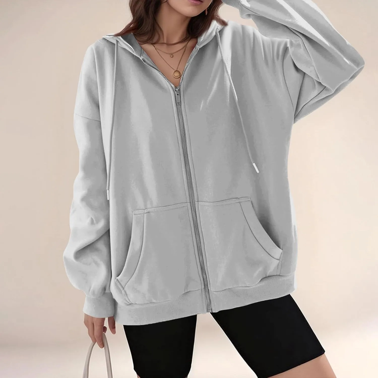 Zip Up Hoodies for Women Lightweight Long Sleeve Fleece Jacket Casual Loose Solid Color Coat Winter Clothes