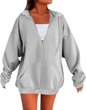 Zip Up Hoodies for Women Lightweight Long Sleeve Fleece Jacket Casual Loose Solid Color Coat Winter Clothes