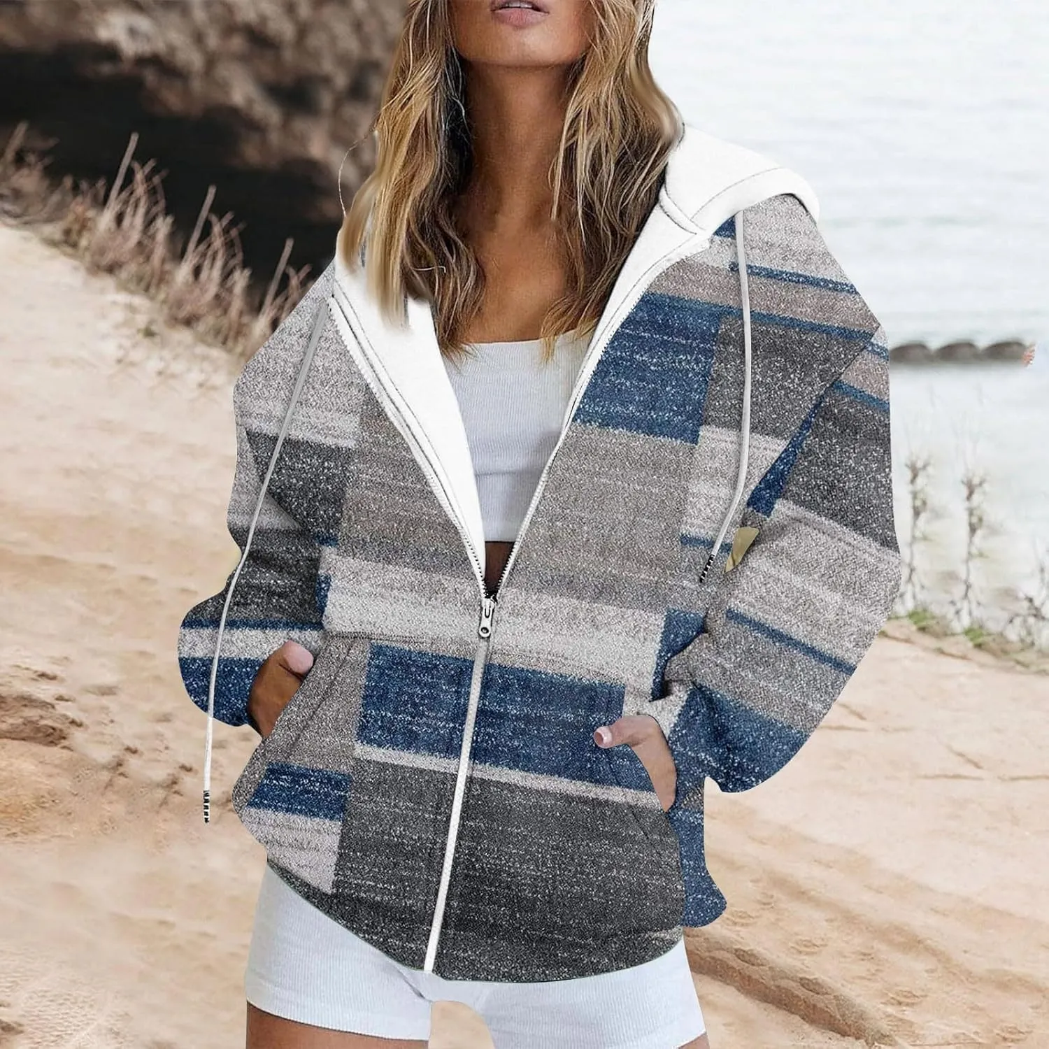 Zip Up Hoodies, Long Sleeve Oversized Full-zip Hoodie Sweatshirts Y2K Jacket Pockets Fall Fashion Clothes
