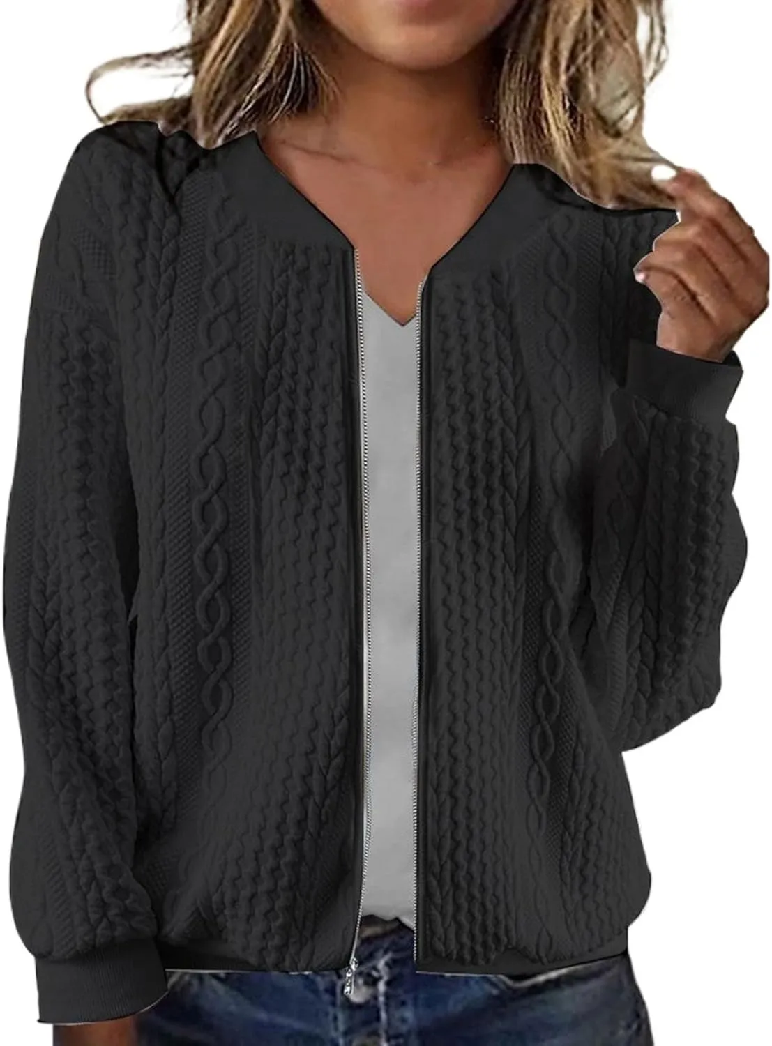 Zip Up Jackets for Women Lightweight Cable Knit Bomber Jacket Long Sleeve Jacquard Coatigan Casual Loose Outwear Coats