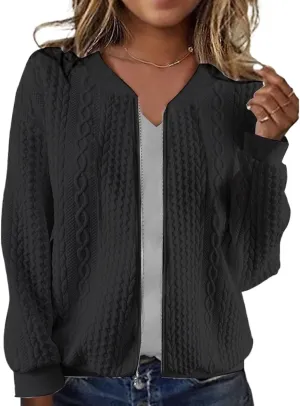 Zip Up Jackets for Women Lightweight Cable Knit Bomber Jacket Long Sleeve Jacquard Coatigan Casual Loose Outwear Coats