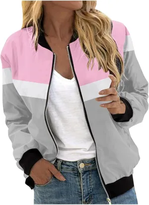 Zip Up Jackets Women Color Block Jackets Casual Bomber Jackets Lightweight Trench Coats Long Sleeve Windbreaker