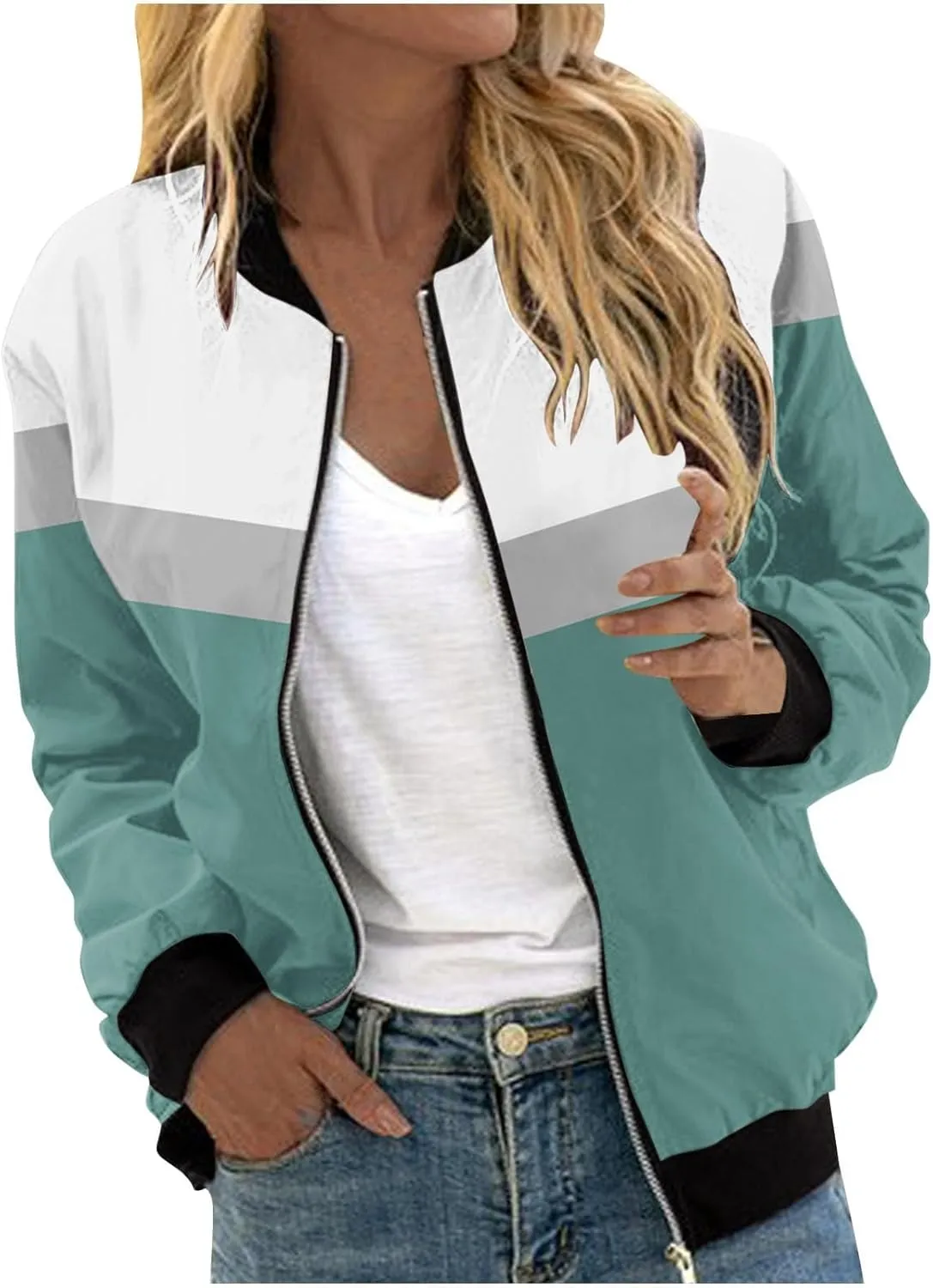 Zip Up Jackets Women Color Block Jackets Casual Bomber Jackets Lightweight Trench Coats Long Sleeve Windbreaker