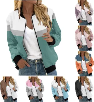 Zip Up Jackets Women Color Block Jackets Casual Bomber Jackets Lightweight Trench Coats Long Sleeve Windbreaker