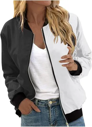 Zip Up Jackets Women Color Block Jackets Casual Bomber Jackets Lightweight Trench Coats Long Sleeve Windbreaker
