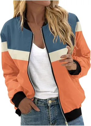 Zip Up Jackets Women Color Block Jackets Casual Bomber Jackets Lightweight Trench Coats Long Sleeve Windbreaker