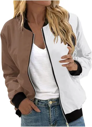 Zip Up Jackets Women Color Block Jackets Casual Bomber Jackets Lightweight Trench Coats Long Sleeve Windbreaker