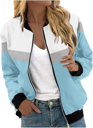 Zip Up Jackets Women Color Block Jackets Casual Bomber Jackets Lightweight Trench Coats Long Sleeve Windbreaker