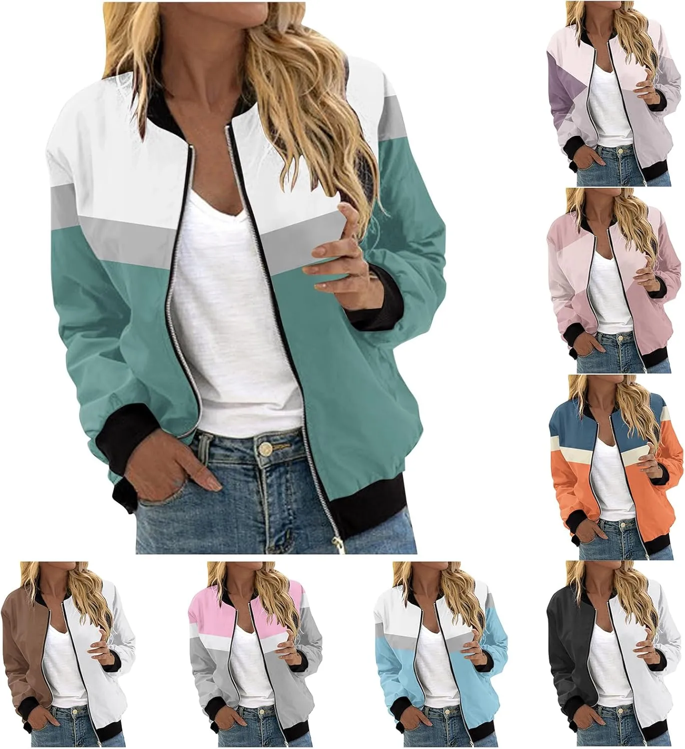 Zip Up Jackets Women Color Block Jackets Casual Bomber Jackets Lightweight Trench Coats Long Sleeve Windbreaker