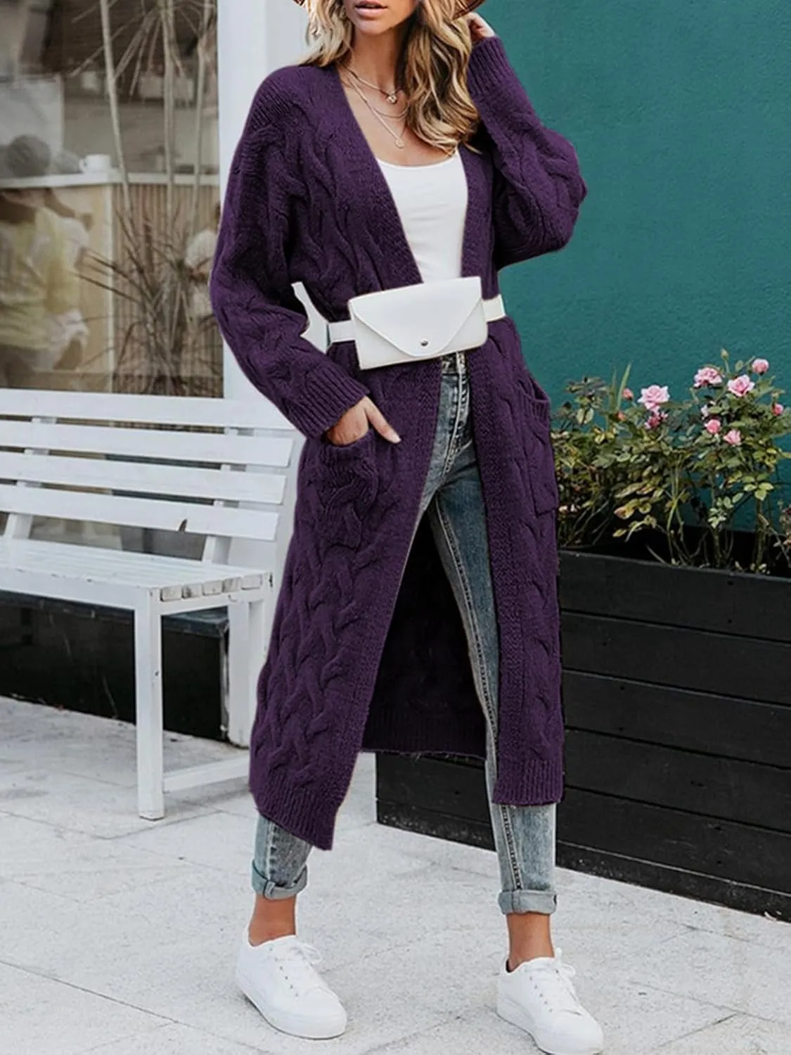 ZIWOCH Women's Long Cardigan Coats Cable Knit Casual Open Front Long Sleeve Loose Sweater with Pockets